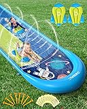 DEERC 610 CM Rutschrutsche und 2 Bodyboards, Rasenwasserrutschen Slip N Wasserrutschen Sommerwasserspielzeug mit eingebauter Sprinkleranlage für Wasserspaß im Hinterhof im Freien für Kinder Erwachsene