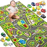 JOYIN Teppich Kinderzimmer 80x150cm mit 12 Mini Auto Spielzeug für Kinder ab 3 Jahren, Spielteppich Straße Kinderteppich, Autoteppich Junge Mädchen für Schlafzimmer & Spielzimme