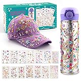 Geschenke für Mädchen DIY Trinkflasche und Baseballkappe, Trinkflasche Selbst Gestalten mit Edelstein und Einhorn Aufklebern, Geburtstag Geschenk Mädchen 4 5 6 7 8 9 10 Jahre, Kappe & Flasche Basteln