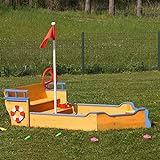 Sandkasten aus Holz Boot Segelschiff Priantenschiff Sandkiste Sandbox mit roter Flagge, Abdeckung, Vlies Bodenplane, Flaggenmast & Steuerrad für Kinder