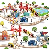 Tiny Land Eisenbahn-Set, 110-teiliges Holzeisenbahn-Set, Spielzeugeisenbahn für Jungen und Mädchen mit Holzeisenbahnschienen, Holzspielzeug für Kleinkinder und Kinder im Alter von 3–7 Jahren, Eisenbah